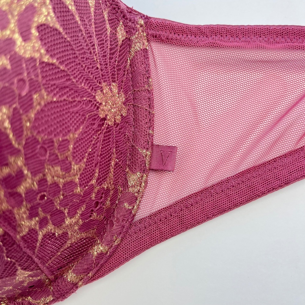 Victoria's Secret Lined Demi Bra 38B Plum Purple Gold Metallic Floral Lace Mesh - Picture 9 of 11